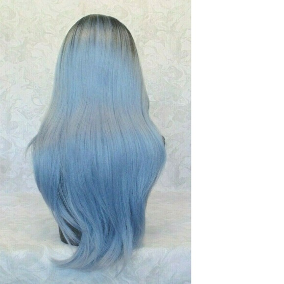 New Lace Part Long Straight Blue Silver Ombre Wig main image 6